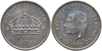 Швеция 1 крона 2008 Карл XVI Густав (1973- ) KM 894 медно-никель 4610-257