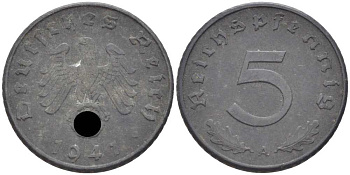 ГЕРМАНИЯ 5 РЕЙХСПФЕННИГОВ 1941 A KM 100, J. 370 цинк 105-249