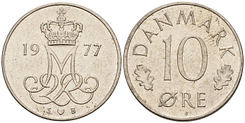 ДАНИЯ 10 ЭРЕ 1977 S; B, МАРГРЕТЕ II (1972-) KM 860.1 медно-никель 4564-1233