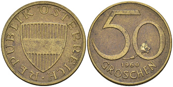 Австрия 50 грошей 1960 KM 2885 алюминиевая бронза 4580-222