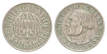 Германия 2 рейхсмарки 1933 A, 450 лет со дня рождения Мартина Лютера KM 79 серебро 1525-1045