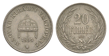 Венгрия 20 филлеров 1894 KB, Франц Иосиф I (1848-1916) KM 483 никель 4154-446