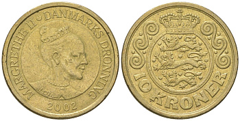 Дания 10 крон 2002 Маргрете II (1972-2024), редкий год KM 887 алюминиевая бронза 4616-746