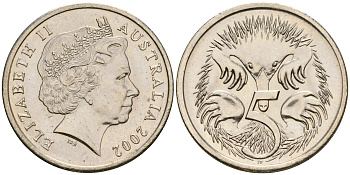Австралия 5 центов 2002 Елизавета II (1952-), ехидна KM 401 медно-никель UNC 4608-837