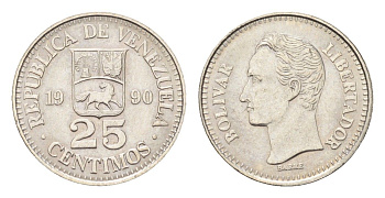 Венесуэла 25 сентимо 1990 Симон Боливар Y 50a сталь плакированная никелем UNC 4668-1034
