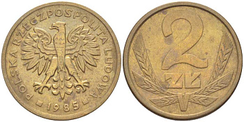 ПОЛЬША 2 ЗЛОТЫХ 1985 MW KM 80.1 латунь 76-641