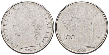 Италия 100 лир 1991 R, Афина в доспехах KM 96.2 нержавеющая сталь 4387-562