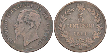 ИТАЛИЯ 5 ЧЕНТЕЗИМО 1861 М, МОНДВОР МИЛАН, ВИКТОР ЭММАНУИЛ II (1861-1878) KM 3.2 медь 4182-1254