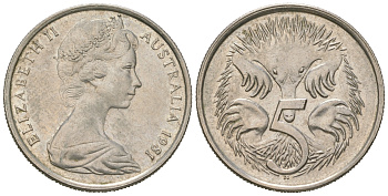 Австралия 5 центов 1981 Елизавета II (1952-2022), ехидна KM 64 медно-никель 4623-317