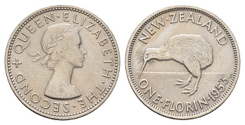 Новая Зеландия 2 шиллинга (флорин) 1953 Елизавета II (1952-2022), птичка киви, год-тип KM 28.1 медно-никель 4127-2013