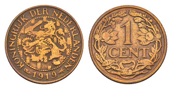 Нидерланды 1 цент 1919 Вильгельмина (1890-1948) KM 152 бронза 4658-766