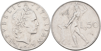 Италия 50 лир 1965 R, бог огня Вулкан у наковальни KM 95.1 нержавеющая сталь 4595-357