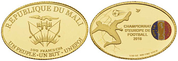 Мали 100 франков 2016 Чемпионат Европы по футболу во Франции, овал, эмаль KM NEW золото PROOF 00-820-13