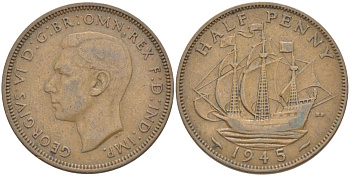 Великобритания 1/2 пенни 1945 Георг VI (1936-1952) KM 844, Spink 4115 бронза 4681-521