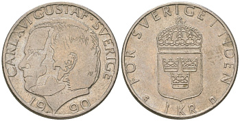 Швеция 1 крона 1990 D, Карл XVI Густав (1973-) KM 852a медно-никель 4616-952