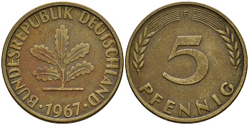 ФРГ 5 пфеннигов 1967 F J.382, KM 107 сталь плакированная латунью    4598-942