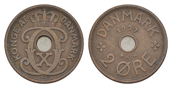Дания 2 эре 1927 HCN, Кристиан X (1912-1947) KM 827 бронза 4639-727