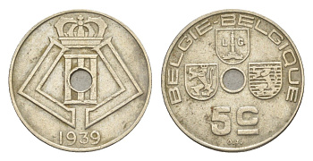 Бельгия 5 сантимов 1939 Belgie - Belgique, Леопольд III (1934-1947) KM 111 никель латунь 4640-1052