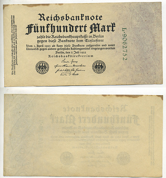 Германия 500 марок 1922 зеленая серия L, 7 цифр в номере Pick 74 b бумага 434-24-1-2