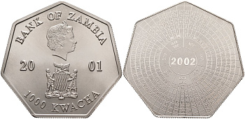 Замбия 1000 квача 2001 календарь, семиугольная KM 74 медно-никель PROOF 02-208-23