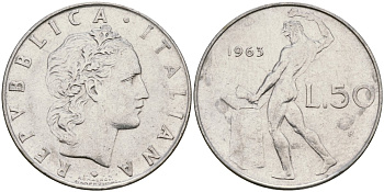 Италия 50 лир 1963 R, бог огня Вулкан у наковальни KM 95.1 нержавеющая сталь 4171-1023
