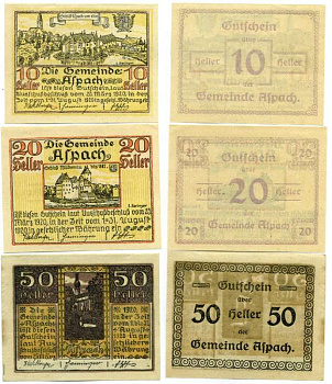 Австрия, Ацбах набор из 3 банкнот, 10, 20, 50 геллеров 1920 25 марта 1920 - 31 августа 1920, нотгельд, коммуна в земле Верхняя Австрия   бумага  UNC (пресс) 7555-11-3-1