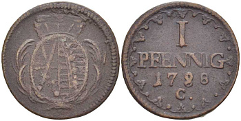 САКСОНИЯ 1 ПФЕННИГ 1788 С, ФРИДРИХ АВГУСТ III (1763-1806) KM 1000 (С91) медь 206-355