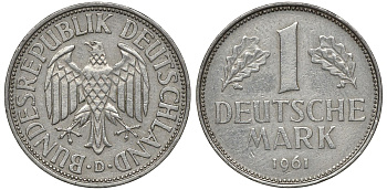 ФРГ 1 МАРКА 1961 D J 385, KM 110 медно-никель 72-713