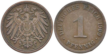 ГЕРМАНИЯ 1 ПФЕННИНГ 1909 А KM 10, J. 10 медь 201-934