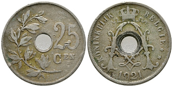 БЕЛЬГИЯ 25 САНТИМОВ 1921 BELGIE KM 69 медно-никель 177-1036