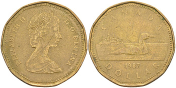 Канада 1 доллар 1987 Елизавета II (1952-2022), утка KM 157 никель плакированный алюминиевой бронзой 63-455