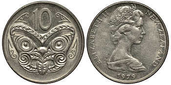 Новая Зеландия 10 центов 1979 Елизавета II (1952-2022), маска маори KM 41.1 медно-никель VF+ 4182-532
