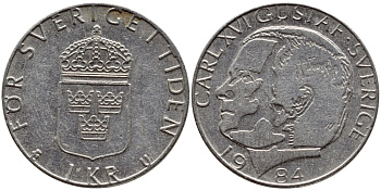 Швеция 1 крона 1984 Карл XVI Густав (1973- ) KM 852a медно-никель 4397-1142