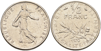 Франция 1/2 франка 1970 сеятель KM 931.1 никель    4169-149