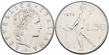 ИТАЛИЯ 50 ЛИР 1976 R КУЗНЕЦ KM 95.1 сталь 3996-924