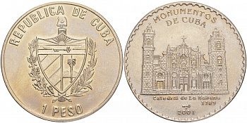 Куба 1 песо 2001 серия монументы Кубы, Церковь Святой Троицы, Гавана KM 849 медно-никель UNC M27-18