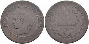 ФРАНЦИЯ 5 САНТИМОВ 1876 K, ТРЕТЬЯ РЕСПУБЛИКА (1871-1940) KM 821.2, LE FRANC 118.15 бронза 4448-135