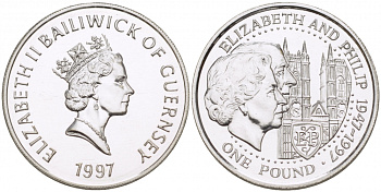 Гернси 1 фунт 1997 Елизавета и Филлип, золотая свадьба KM 70 серебро UNC 650-314