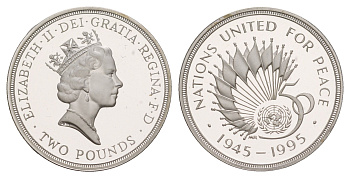 Великобритания 2 фунта 1995 50 лет ООН KM 971a, Spink K6 серебро PROOF 11-252-11