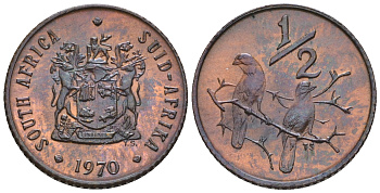 ЮАР 1/2 цента 1970 два капских воробья на ветке KM 81 бронза  aUNC  220-947