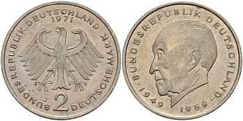 ФРГ 2 марки 1971 J, Конрад Аденауэр KM 124, J. 406 медно-никель 4159-1215