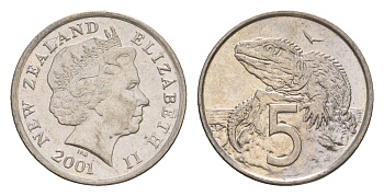 Новая Зеландия 5 центов 2001 Елизавета II (1952-2022), ящерица гаттерия KM 116 медно-никель 4588-254