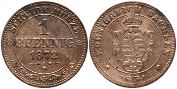 САКСОНИЯ 1 ПФЕННИГ 1872 В, ЙОХАНН (1854-1873) KM 1216 медь 116-658