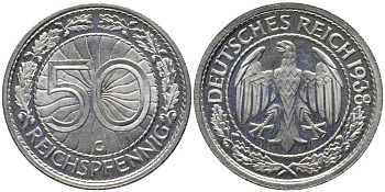 Германия 50 рейхспфеннигов 1938 G J. 324, KM 49 никель PROOF 10-016-31