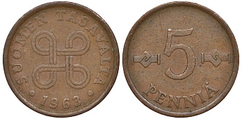 Финляндия 5 пенни 1963 KM 45 медь 4173-659