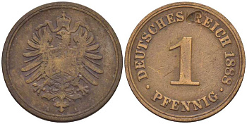 ГЕРМАНИЯ 1 ПФЕННИГ 1888 A, СТАРОГЕРБОВКА KM 1, J. 1, Weege 1 медь 206-1256