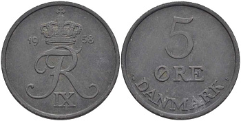 ДАНИЯ 5 ЭРЕ 1958 C; S, ФРЕДЕРИК IX (1947-1972) KM 843.2 цинк 38-414