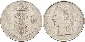 БЕЛЬГИЯ 1 ФРАНК 1950 BELGIQUE KM 142.1 медно-никель 68-332