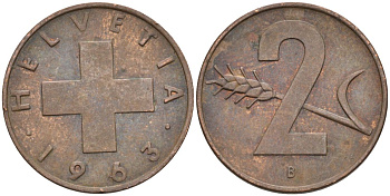 Швейцария 2 раппена 1963 В KM 47 бронза 4586-926