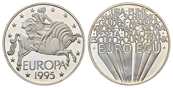 Бельгия 1 евро экю 1995 похищение Европы, 37 мм медно-никель UNC 4184-1122